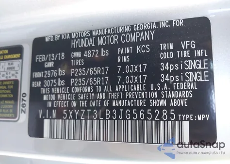 2018 Hyundai Santa Fe Sport 2.4L from USA, damaged, VIN 5XYZT3LB3JG565285